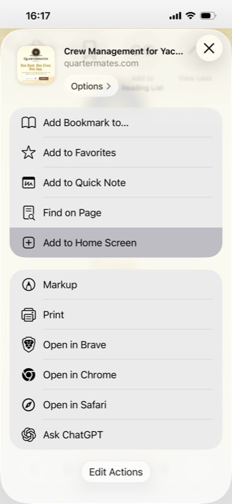 Step 3 — choose Add to Home Screen